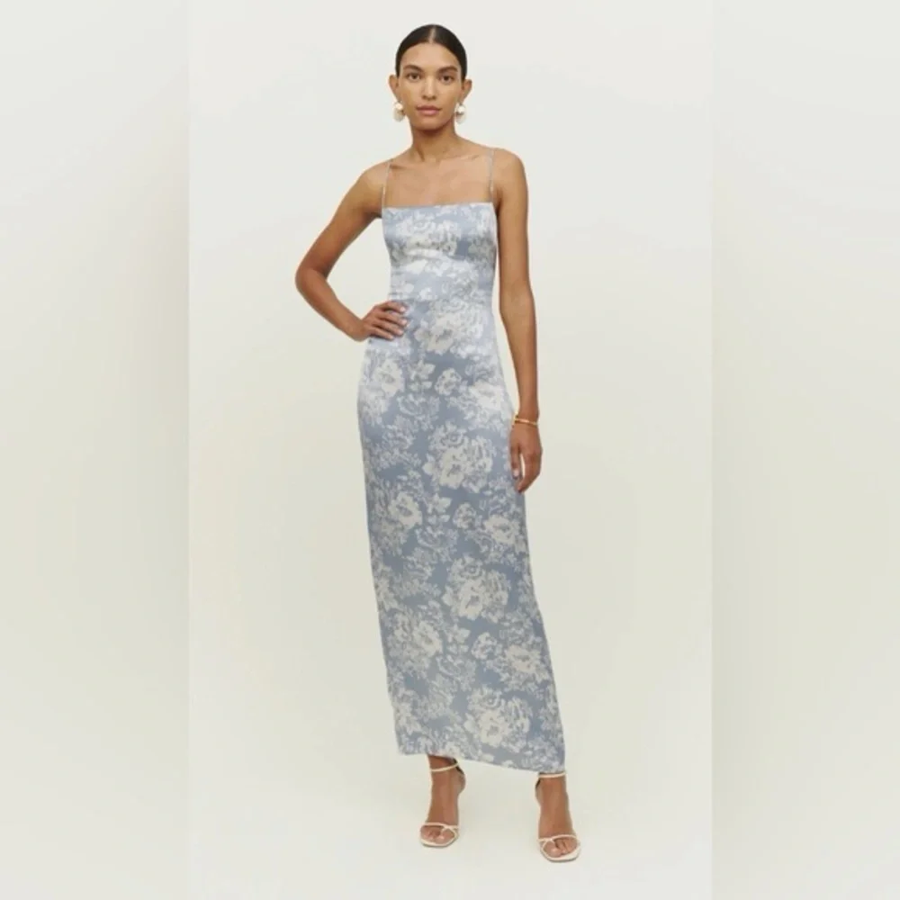 Reformation Frankie Silk Formal Dress Spaghetti Strap Porcelain Blue Floral 10 P - Picture 13 of 16